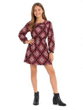 Ella Moss Girls Size 12 Mini Dress Red Boho Abstract Floral Print Tunic Wedding